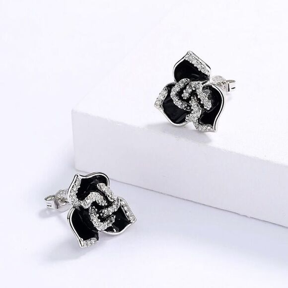Sterling Silver Black Flower Enamel Drip Rhinestone Earrings Womens New - Picture 6 of 6
